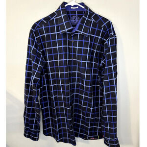 Bugatchi Windowpane Check Shaped Fit Long Sleeve Button Down Shirt Black/Blue XL
